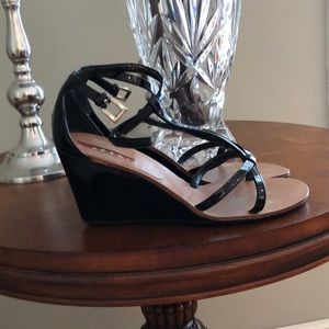 Prada Black Patent Leather Wedge Sandals